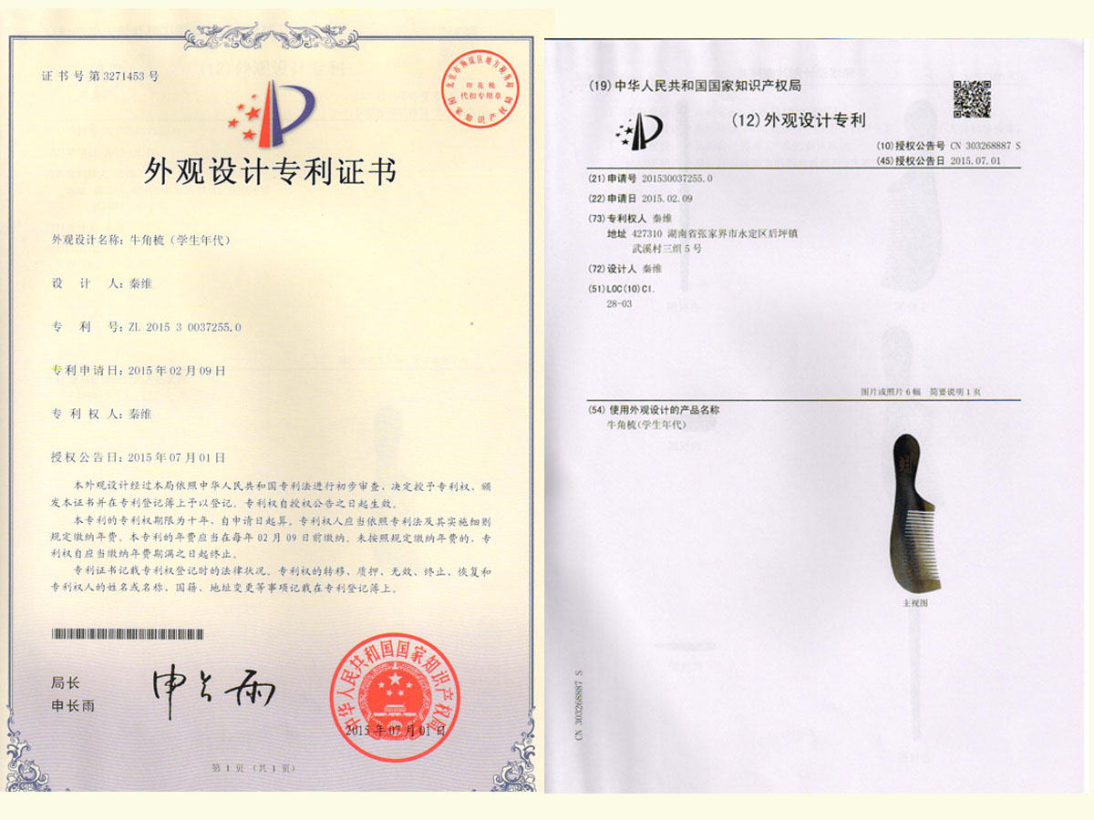 牛角梳（學(xué)生年代）專利證書